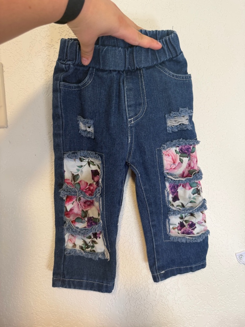 Boutique Baby Girl Pull On Floral Distressed Denim Jeans 9-12 Months